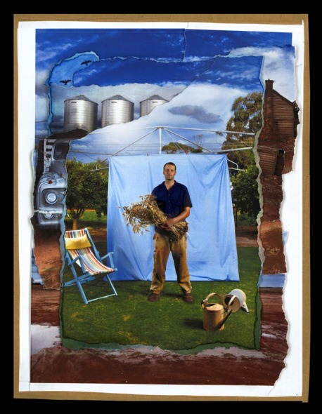 A backyard is constantly changing, a space of time and moments. These montages have been built up to relfect the objects and people that make up a history of their backyard. Image of grain farmer David Jockinke from Horsham standing in front of the hill's hoist on his lush green grass. Behind is the many objects that make up the rest of his farm. Photographic montage By Simon O'Dwyer/The Sunday Age